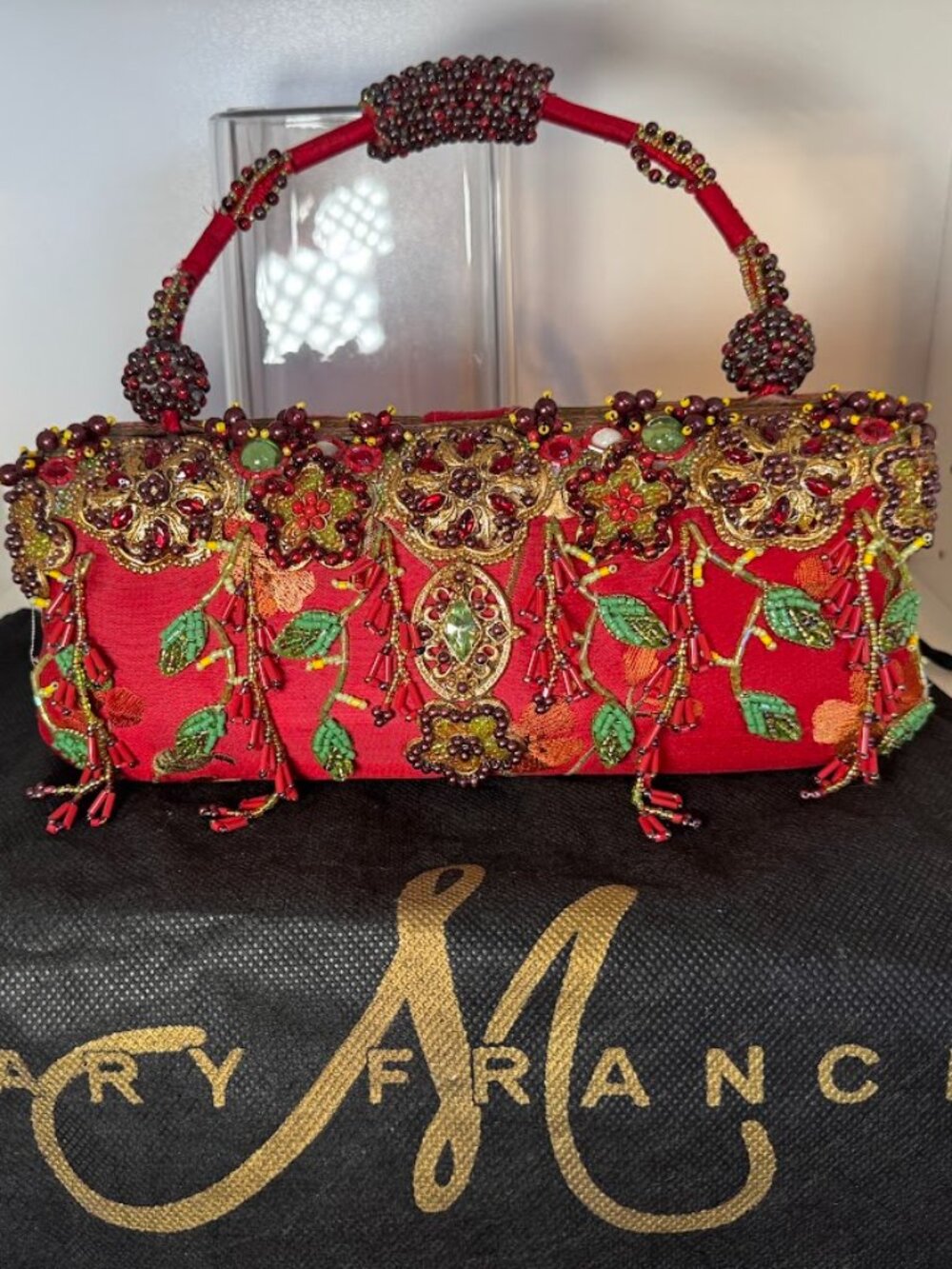 NWOT Mary Frances “Siren” Red Silk Beaded Embroidered Handbag Top Handle Retired